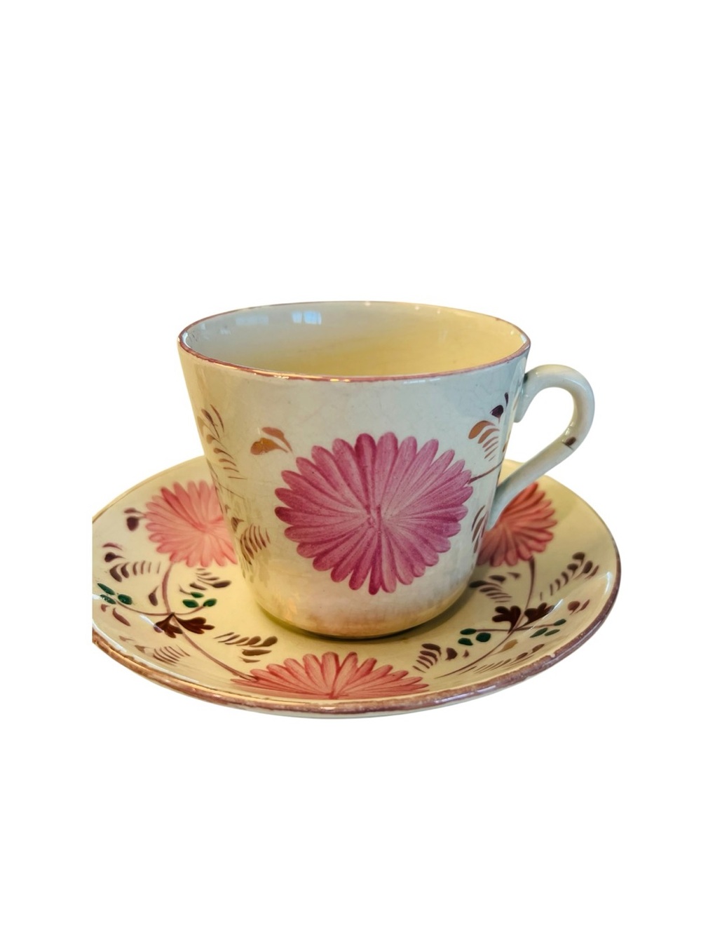 Antique Allerton Staffordshire Pink Lustre Dahlia Cup & Saucer Gaudy Welsh